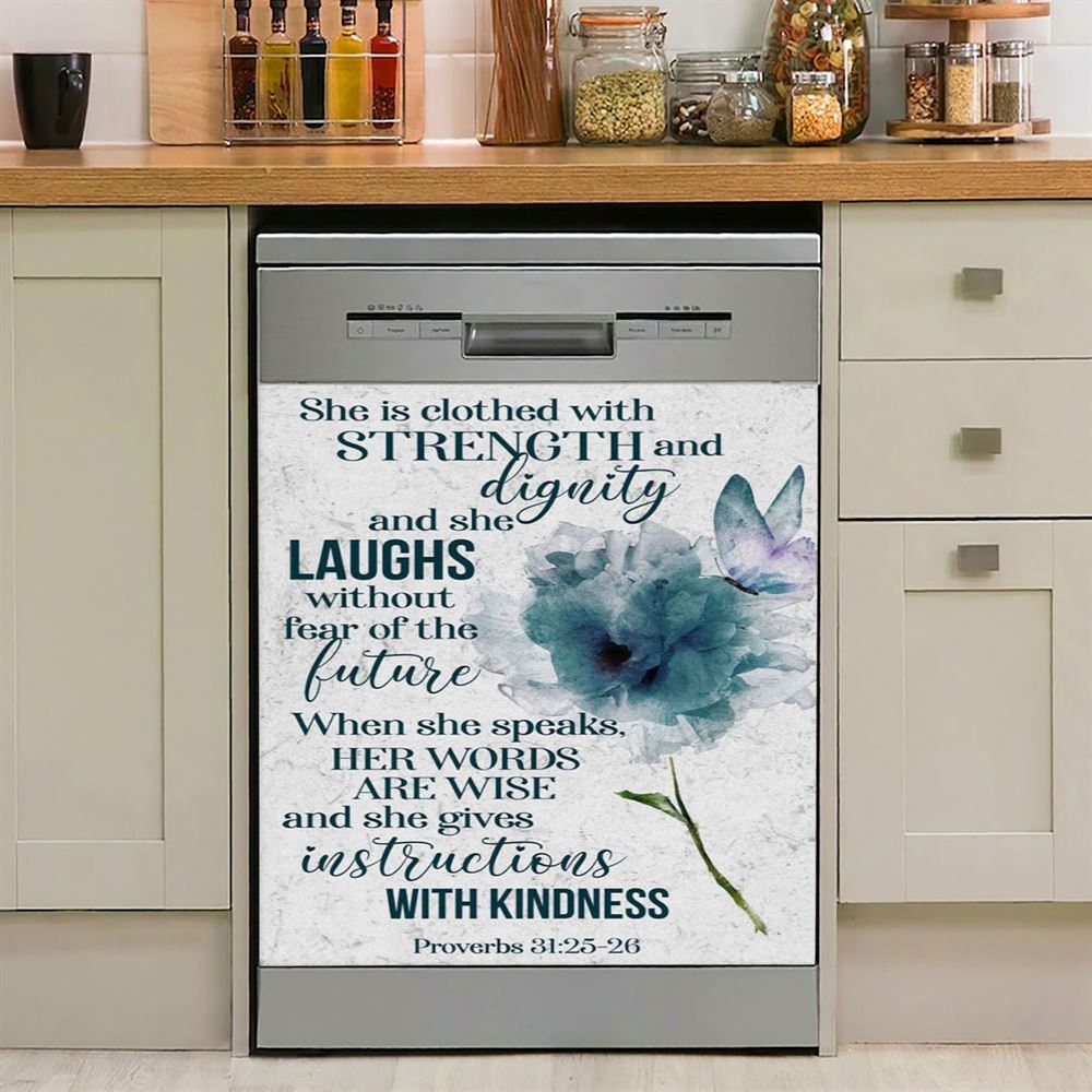 Proverbs 3125 26 She Is Clothed With Strength And Dignity Dishwasher Cover, Bible Verse Dishwasher Wrap, Scripture Kitchen Decoration