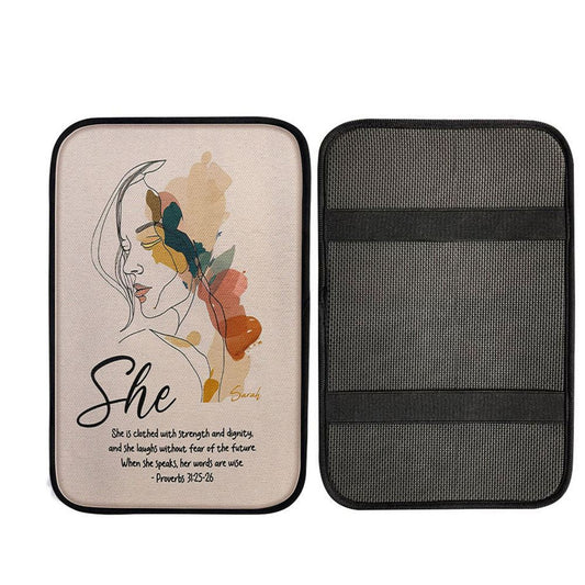 Proverbs 315-6 When She Speaks, Her Words Are Wise Personalized Car Center Console Cover, Religious Car Interior Accessories