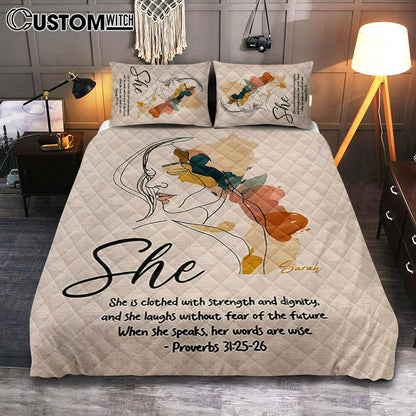 Proverbs 315-6 When She Speaks, Her Words Are Wise Personalized Quilt Bedding Set Bedroom - Religious Quilt Bedding Set Prints - Bible Quilt Bedding Set Art