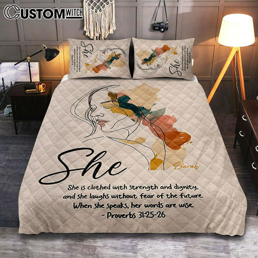 Proverbs 315-6 When She Speaks, Her Words Are Wise Personalized Quilt Bedding Set Bedroom - Religious Quilt Bedding Set Prints - Bible Quilt Bedding Set Art