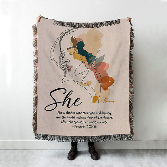 Proverbs 315-6 When She Speaks, Her Words Are Wise Personalized Woven Throw Blanket - Religious Woven Blanket Prints - Bible Woven Blanket Art