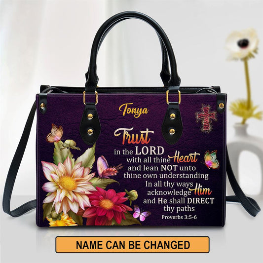 Proverbs 35-6 Trust In The Lord With All Thine Heart Flower And Cross Personalized Leather Handbag