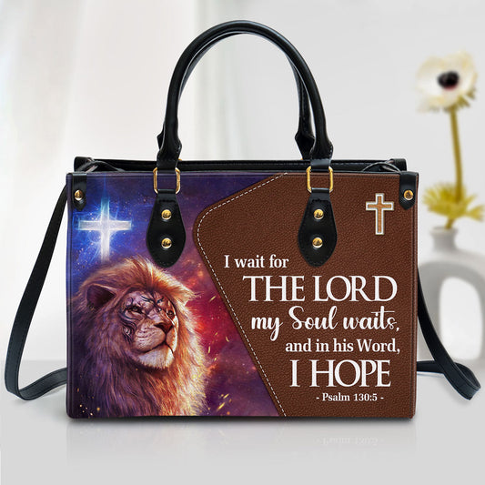 Psalm 1305 I Wait For The Lord Leather Handbag With Handle, Lion And Cross Christian Gifts For Women