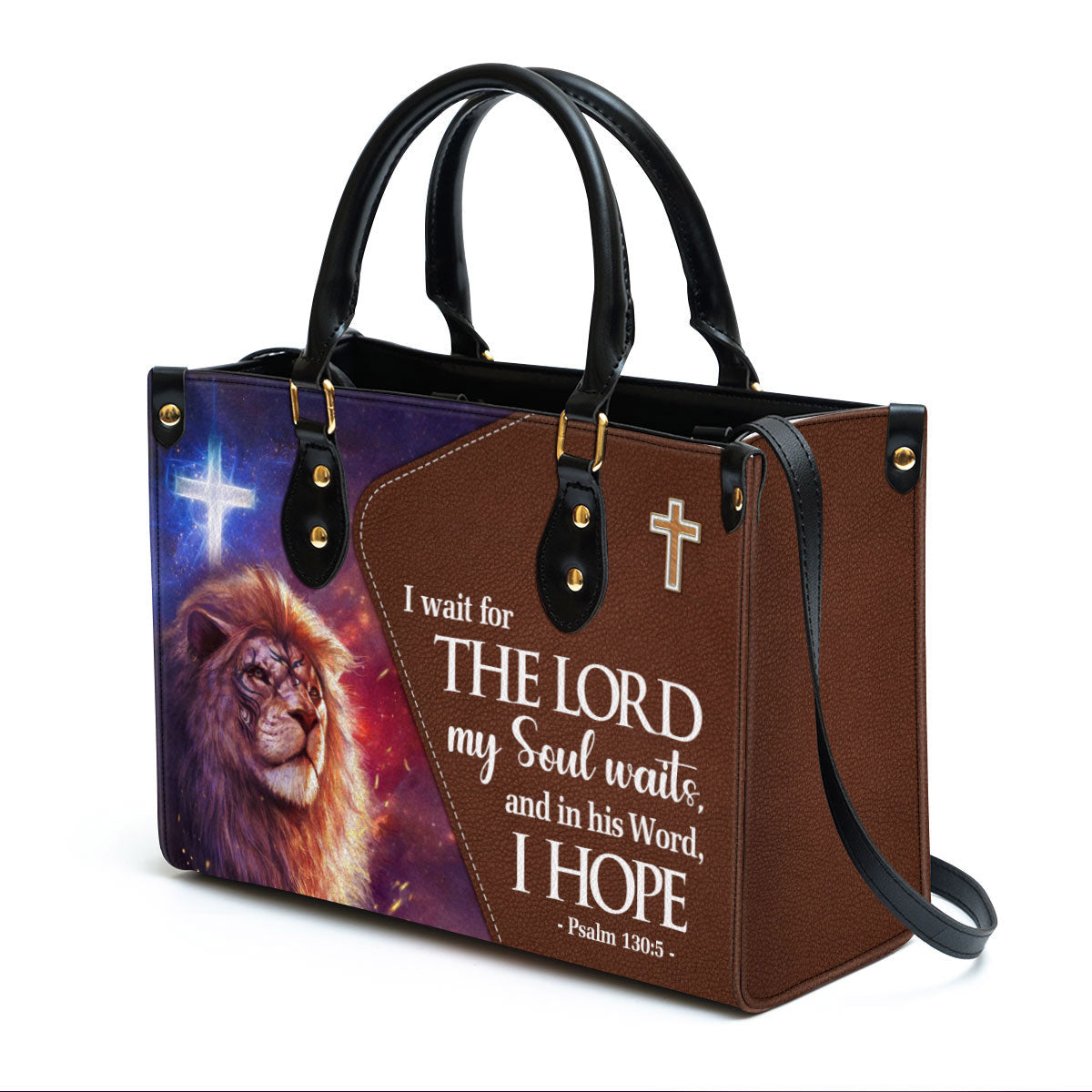 Psalm 1305 I Wait For The Lord Leather Handbag With Handle, Lion And Cross Christian Gifts For Women