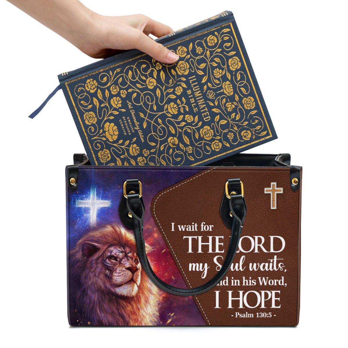 Psalm 1305 I Wait For The Lord Leather Handbag With Handle, Lion And Cross Christian Gifts For Women