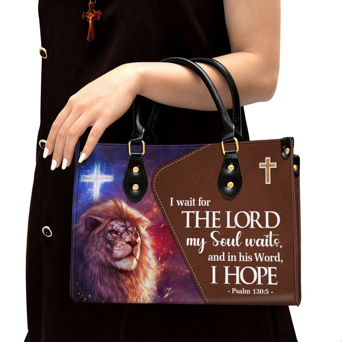 Psalm 1305 I Wait For The Lord Leather Handbag With Handle, Lion And Cross Christian Gifts For Women