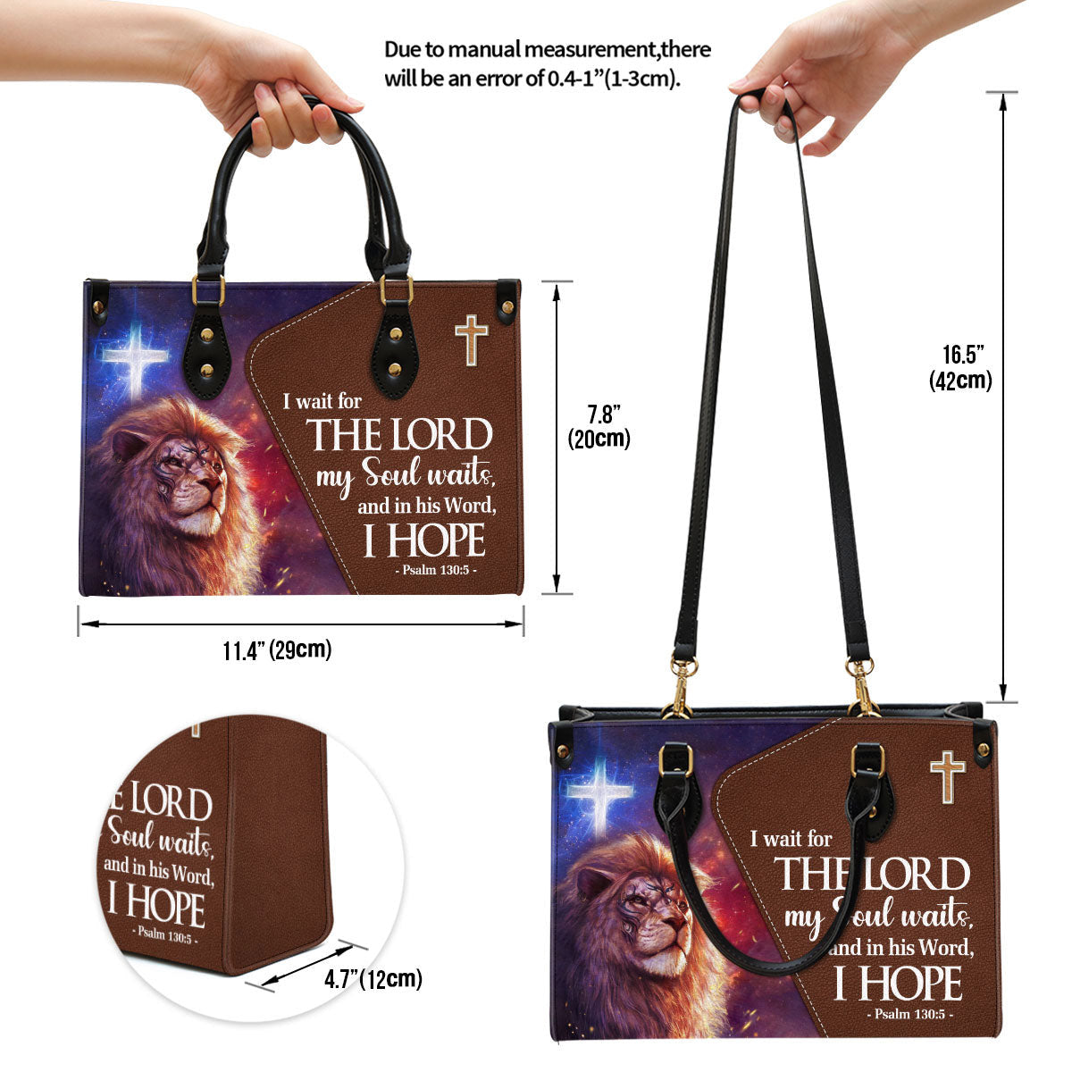 Psalm 1305 I Wait For The Lord Leather Handbag With Handle, Lion And Cross Christian Gifts For Women
