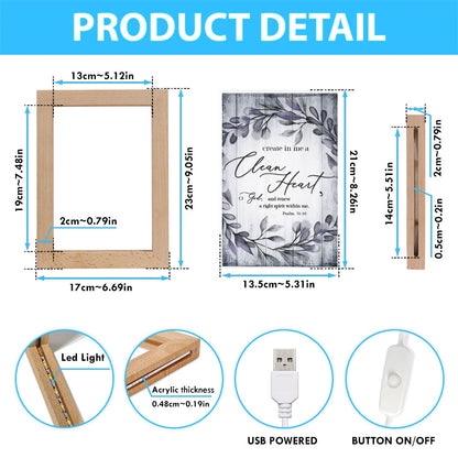 Psalm 5110 Create In Me A Clean Heart 1 Frame Lamp Art - Christian Night Light - Religious Decor