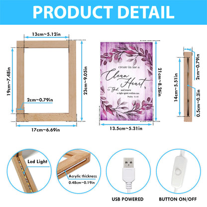 Psalm 5110 Create In Me A Clean Heart 2 Frame Lamp Art - Christian Night Light - Religious Decor