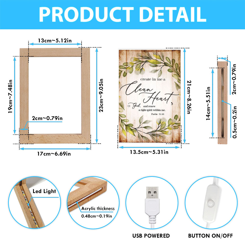 Psalm 5110 Create In Me A Clean Heart Frame Lamp Art - Christian Night Light - Religious Decor