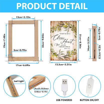 Psalm 5110 Create In Me A Clean Heart Frame Lamp Art - Christian Night Light - Religious Decor