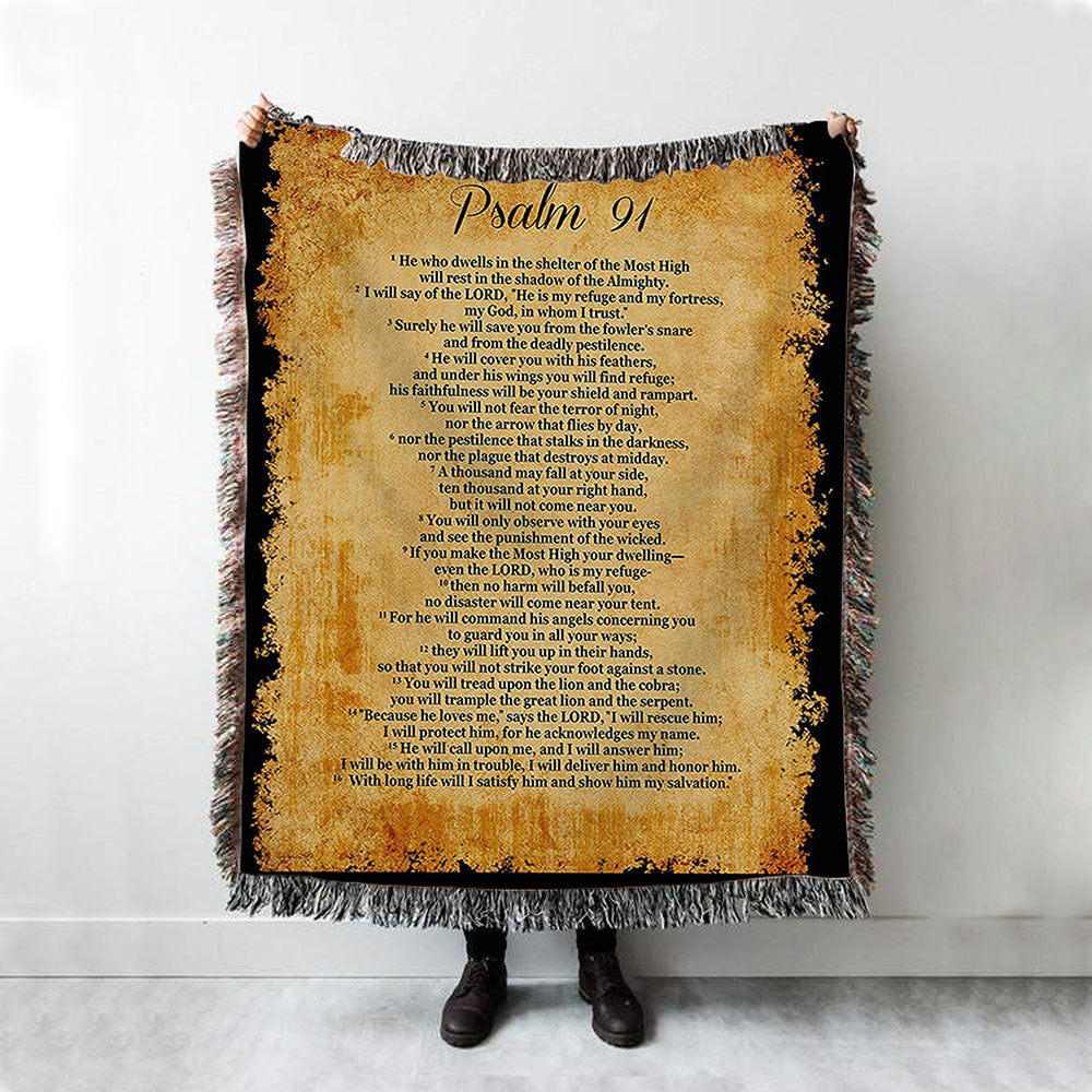 Psalm 91 - He Will Call Upon Me And I Will Answer Him Woven Blanket Wall Print - Christian Woven Throw Blanket Decor