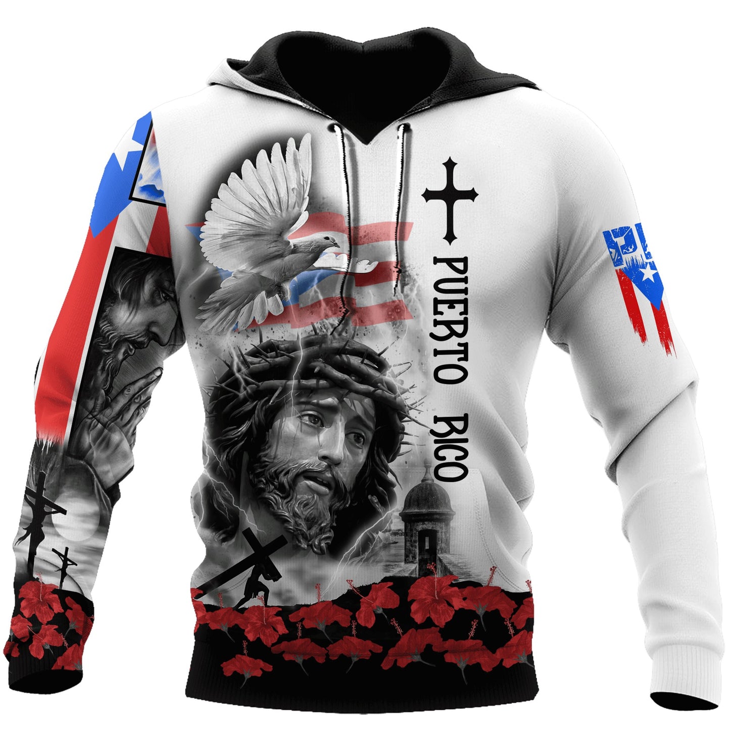 Puerto Rico Jesus Dove Cross Maga Flower God 3D Hoodie For Man And Women, Jesus Printed 3D Hoodie