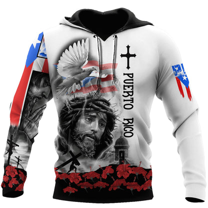 Puerto Rico Jesus Dove Cross Maga Flower God 3D Hoodie For Man And Women, Jesus Printed 3D Hoodie