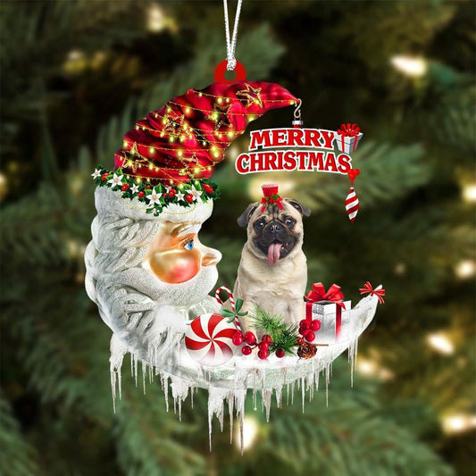Pug On The Moon Merry Christmas Hanging Ornament, Christmas Gift, Christmas Tree Decorations, Christmas Ornament 2023