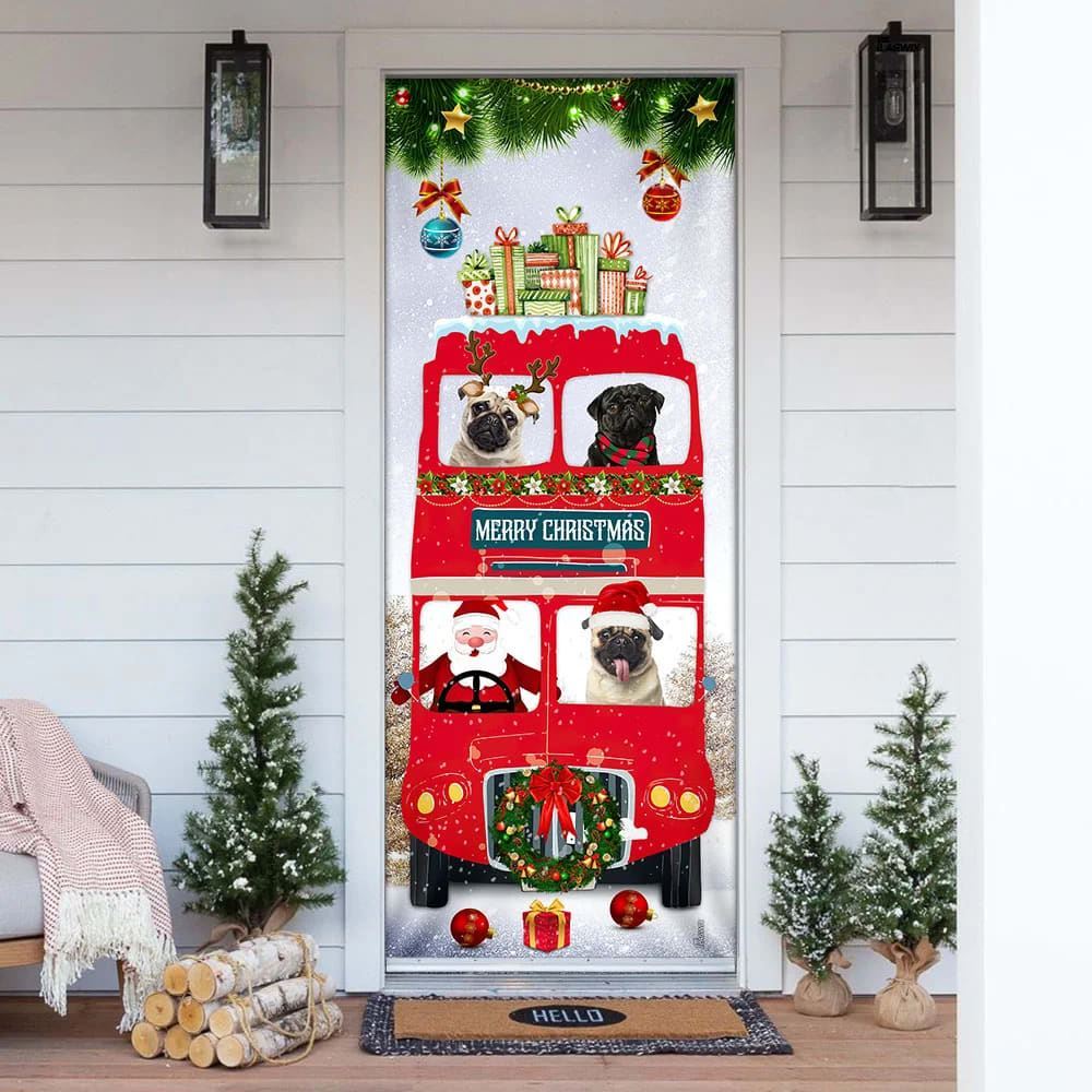 Pugs Christmas Bus Door Cover, Christmas Door Knob Covers, Christmas Outdoor Decoration