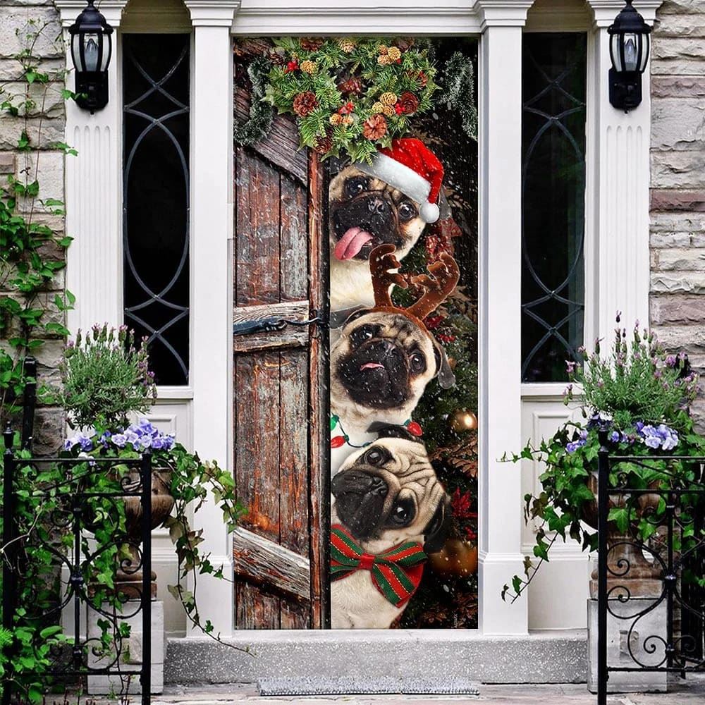 Pugs Door Cover Xmas Outdoor Decoration, Housewarming Gifts, Christmas Garage Door Covers, Christmas Outdoor Decoration