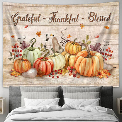 Pumpkin Grateful Thankful And Blessed Tapestry Wall Art - Bible Verse Tapestry - Religious Tapestry Wall Hanging