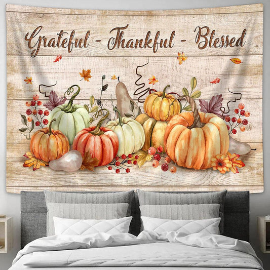 Pumpkin Grateful Thankful And Blessed Tapestry Wall Art - Bible Verse Tapestry - Religious Tapestry Wall Hanging