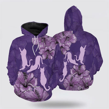 Purple Hibiscus Cat All Over Print 3D Hoodie For Men And Women, Christmas Cat Hoodie, Christmas Hoodie Cute, Christmas Fashion