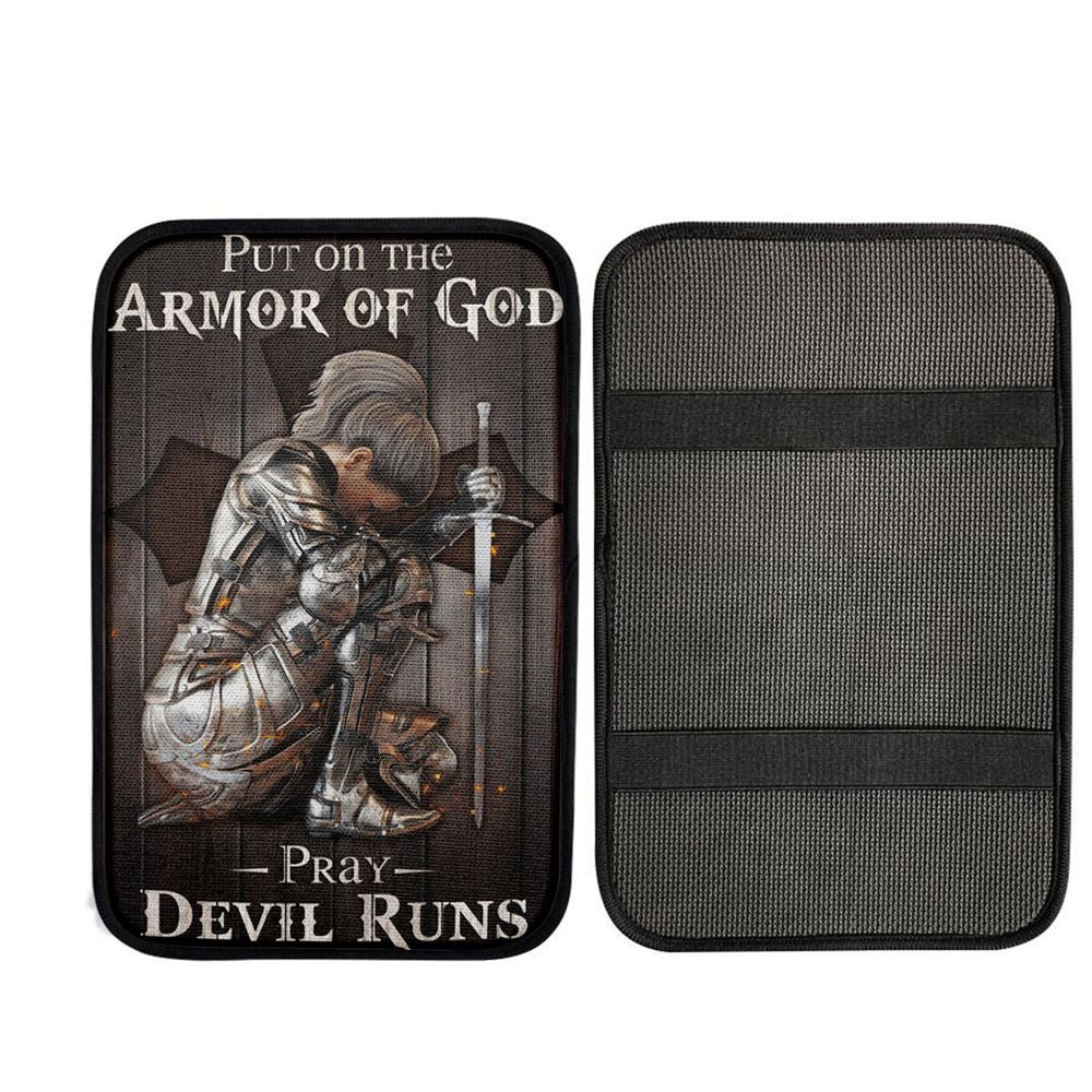 Put On The Armor Of God Pray Devil Runs Warrior Car Center Console Cover, Christian Gift Car Armrest Pad
