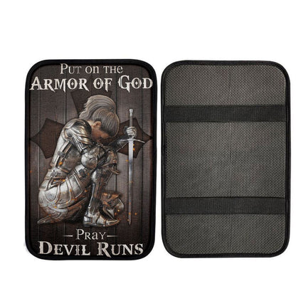 Put On The Armor Of God Pray Devil Runs Warrior Car Center Console Cover, Christian Gift Car Armrest Pad