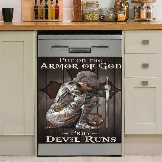 Put On The Armor Of God Pray Devil Runs Warrior Dishwasher Cover, Christian Dishwasher Wrap, Bible Verse Kitchen Decoration