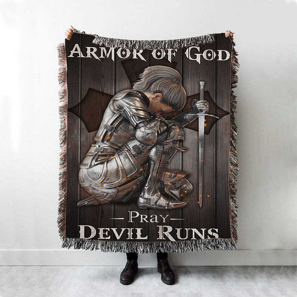 Put On The Armor Of God Pray Devil Runs Warrior Woven Blanket Prints - Christian Boho Blanket - Bible Verse Woven Blanket Art