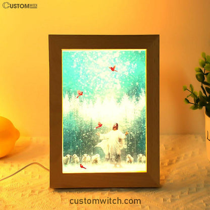 Radiance Jesus And Snow Cardinal Frame Lamp Prints - Jesus Christ Frame Lamp Art - Christian Decor