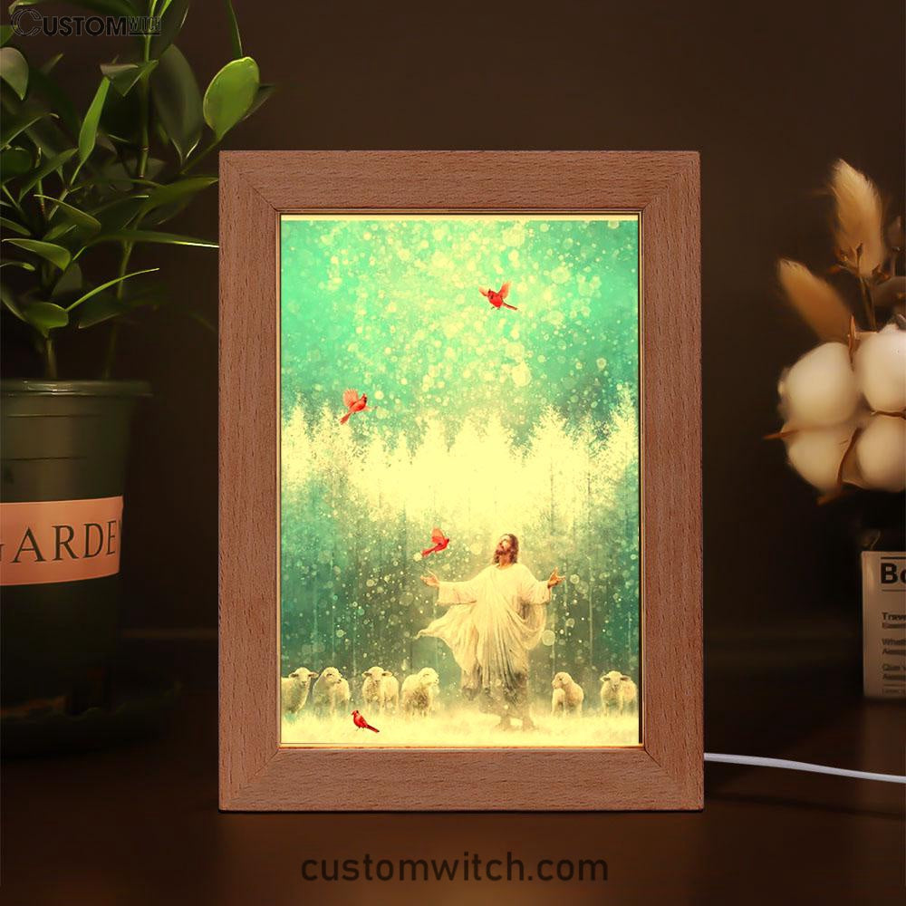 Radiance Jesus And Snow Cardinal Frame Lamp Prints - Jesus Christ Frame Lamp Art - Christian Decor