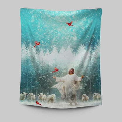 Radiance Jesus And Snow Cardinal Tapestry Prints - Jesus Christ Tapestry Art - Christian Wall Decor