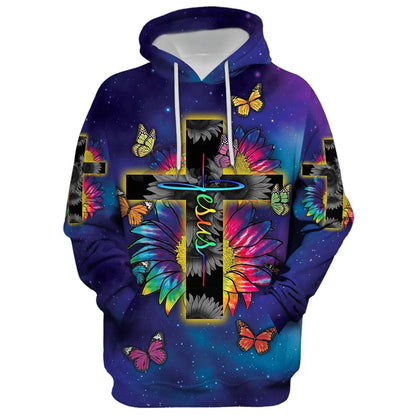 Rainbow Sunflower Butterfly Jesus Cross Hoodie For Men & Women, God 3D Printed Hoodie, Christian Apparel Hoodies