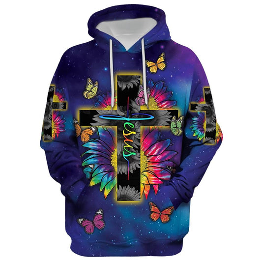 Rainbow Sunflower Butterfly Jesus Cross Hoodie For Men & Women, God 3D Printed Hoodie, Christian Apparel Hoodies