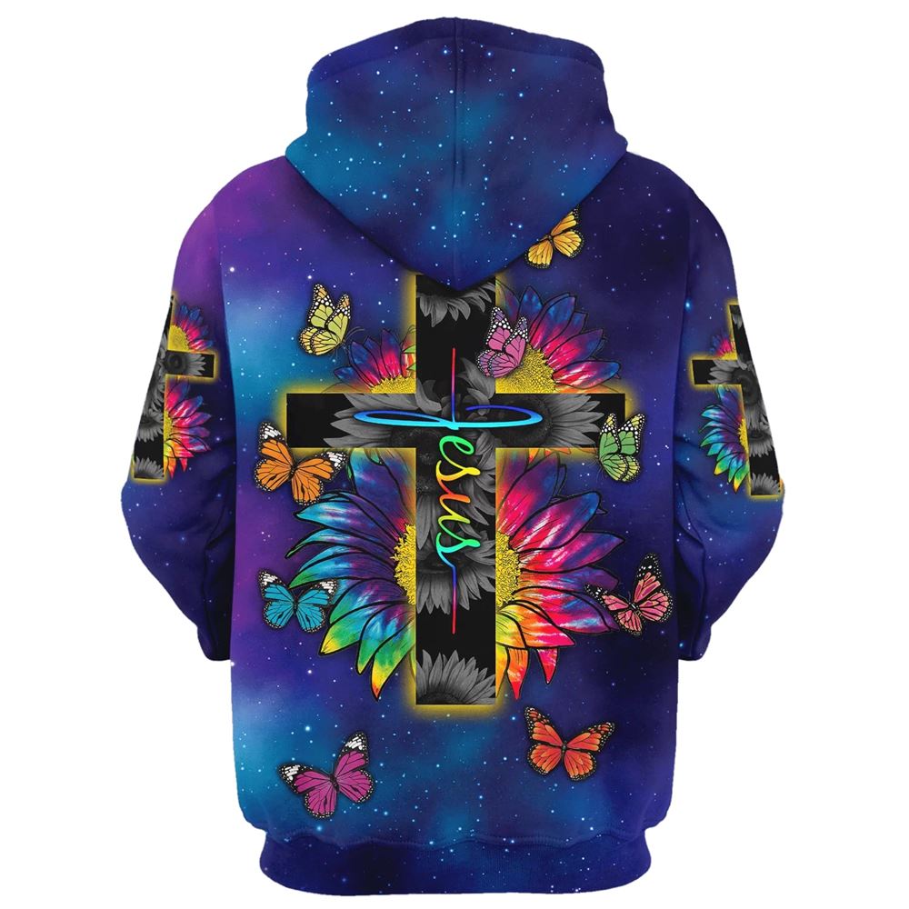 Rainbow Sunflower Butterfly Jesus Cross Hoodie For Men & Women, God 3D Printed Hoodie, Christian Apparel Hoodies