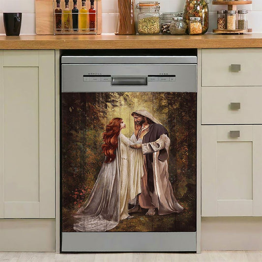 Red Head Women And Jesus In A Beautiful Forest Dishwasher Cover, Christian Dishwasher Wrap, Religious Kitchen Decoration