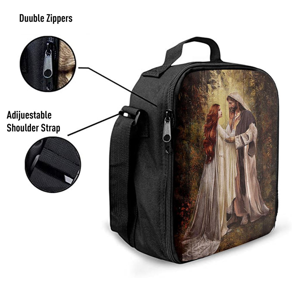 Red Head Women And Jesus In A Beautiful Forest Lunch Bag, Bible Verse Lunch Bag For Men And Women