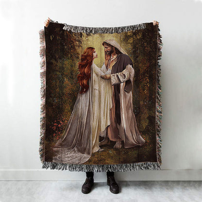 Red Head Women And Jesus In A Beautiful Forest Woven Blanket - Christian Throw Blanket - Religious Home Decor