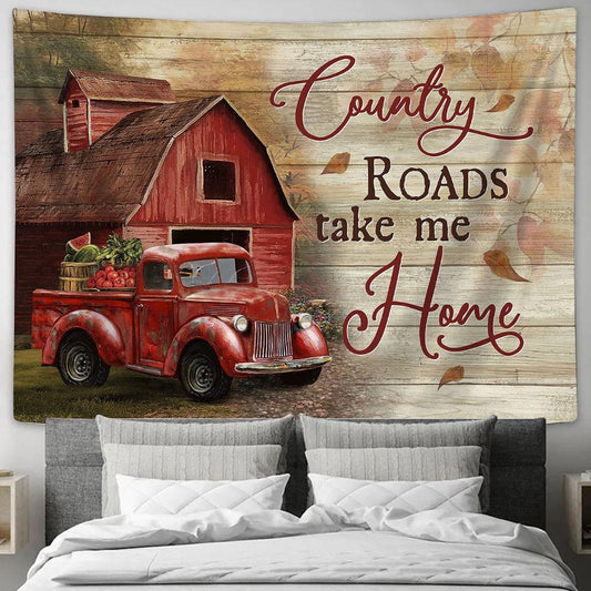 Red Ladybug Car Country Roads Take Me Home Tapestry Wall Art - Bible Verse Tapestry - Religious Tapestry Wall Hanging