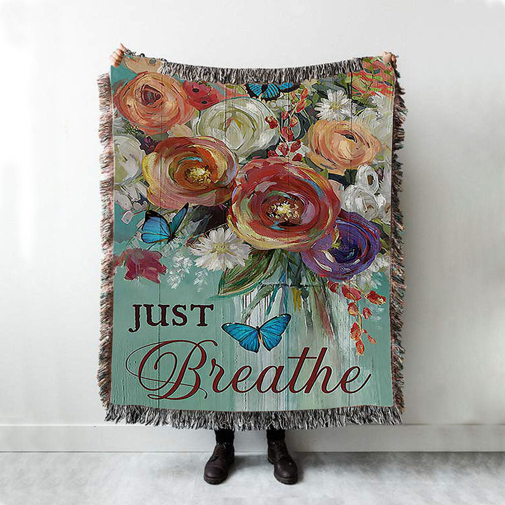 Red Rose Just Breathe Woven Blanket - Christian Throw Blanket - Religious Home Decor