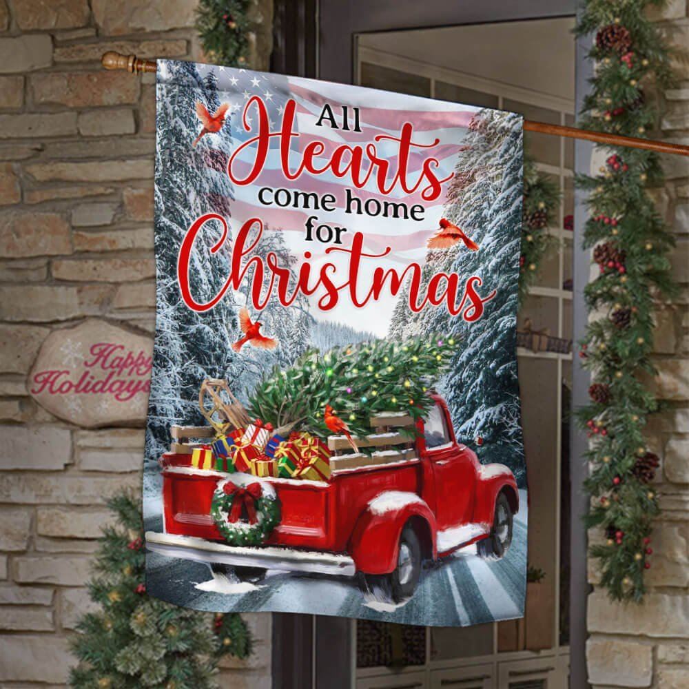 Red Truck American Flag All Heart Come Home For Christmas Flag, Christmas Garden Flag, Home Decor Accessories, Christmas Outdoor Decor Ideas