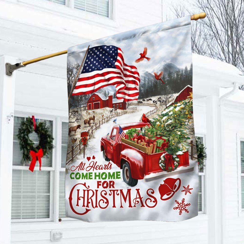 Red Truck American Flag All Hearts Come Home For Christmas Flag, Christmas Garden Flag, Home Decor Accessories, Christmas Outdoor Decor Ideas