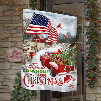 Red Truck American Flag All Hearts Come Home For Christmas Flag, Christmas Garden Flag, Home Decor Accessories, Christmas Outdoor Decor Ideas