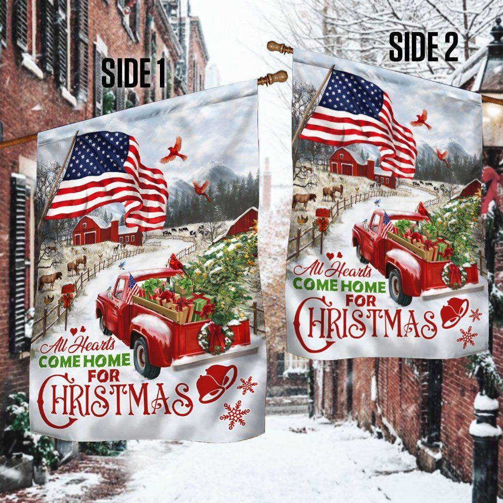 Red Truck American Flag All Hearts Come Home For Christmas Flag, Christmas Garden Flag, Home Decor Accessories, Christmas Outdoor Decor Ideas