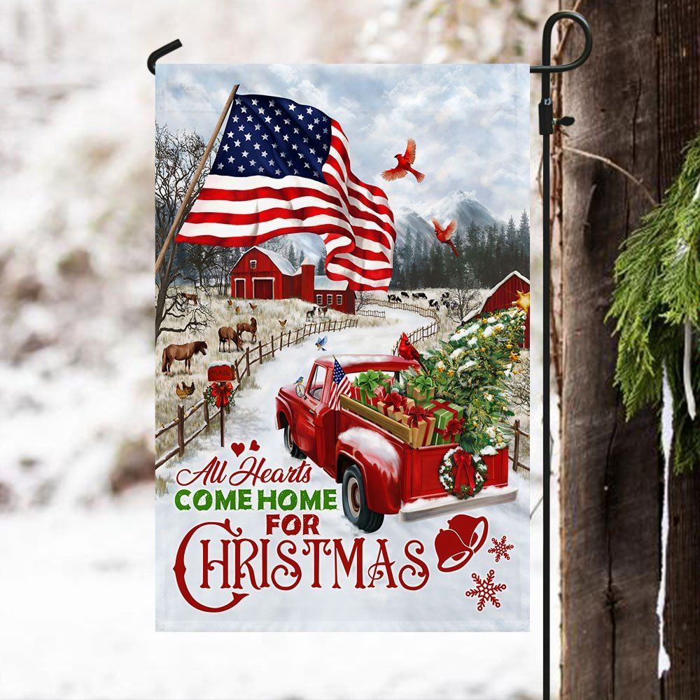 Red Truck American Flag All Hearts Come Home For Christmas Flag, Christmas Garden Flag, Home Decor Accessories, Christmas Outdoor Decor Ideas