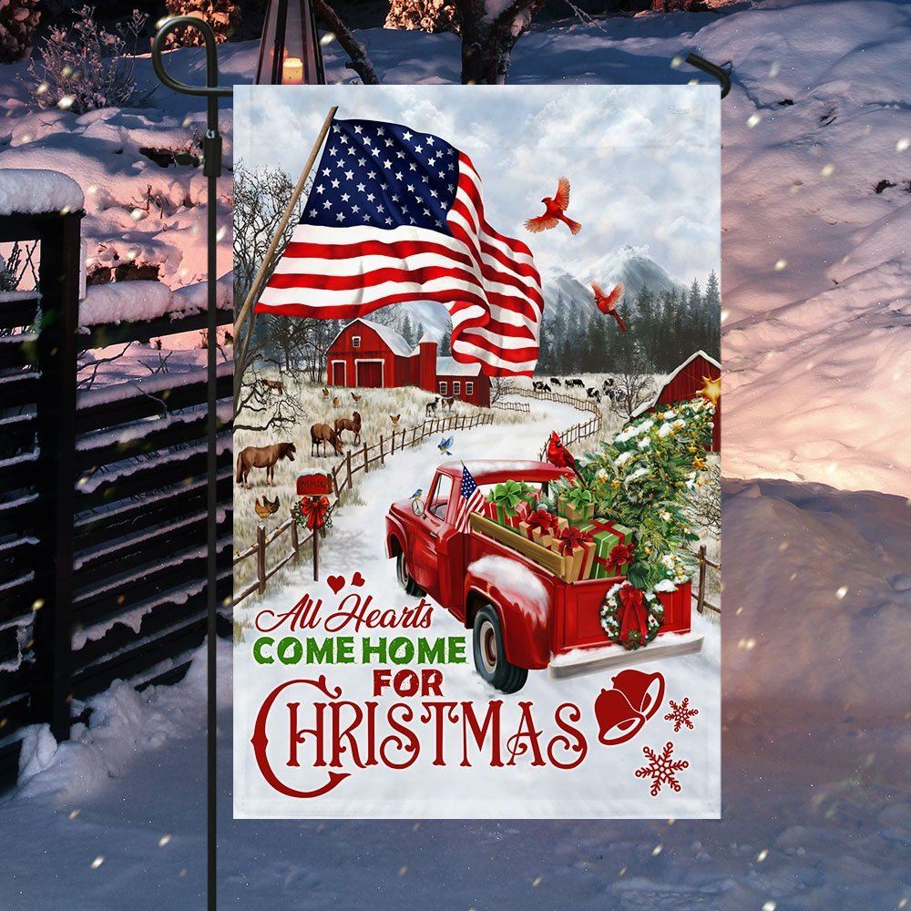 Red Truck American Flag All Hearts Come Home For Christmas Flag, Christmas Garden Flag, Home Decor Accessories, Christmas Outdoor Decor Ideas