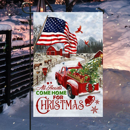 Red Truck American Flag All Hearts Come Home For Christmas Flag, Christmas Garden Flag, Home Decor Accessories, Christmas Outdoor Decor Ideas