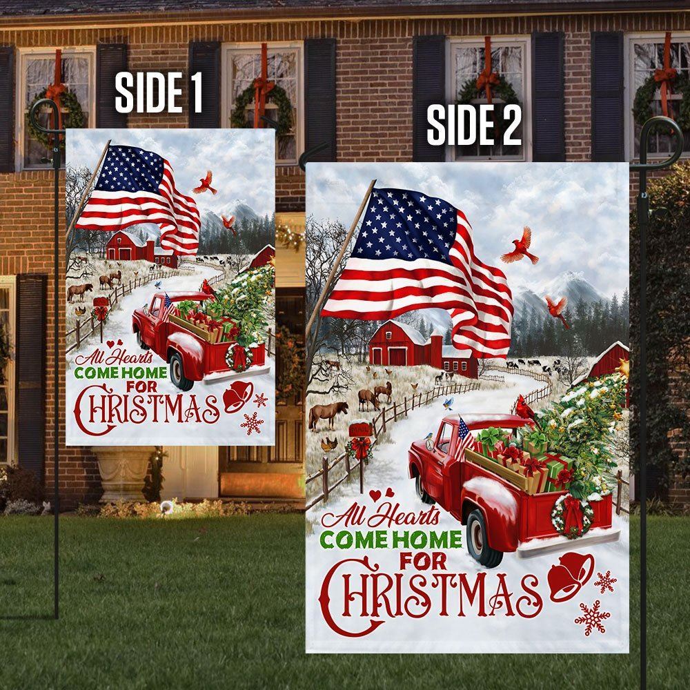 Red Truck American Flag All Hearts Come Home For Christmas Flag, Christmas Garden Flag, Home Decor Accessories, Christmas Outdoor Decor Ideas