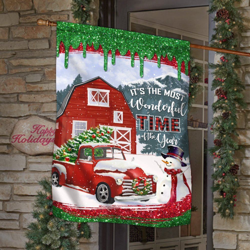 Red Truck Christmas Flag It's The Most Wonderful Time Of The Year Flag, Christmas Garden Flag, Home Decor Accessories, Christmas Outdoor Decor Ideas