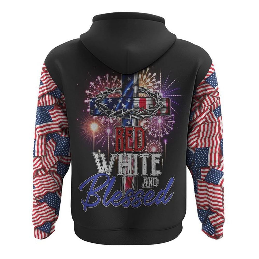 Red White And Blessed America Cross Independence Day All Over Print 3D Hoodie, Christian Hoodie, Christian Sweatshirt, Bible Verse Shirt