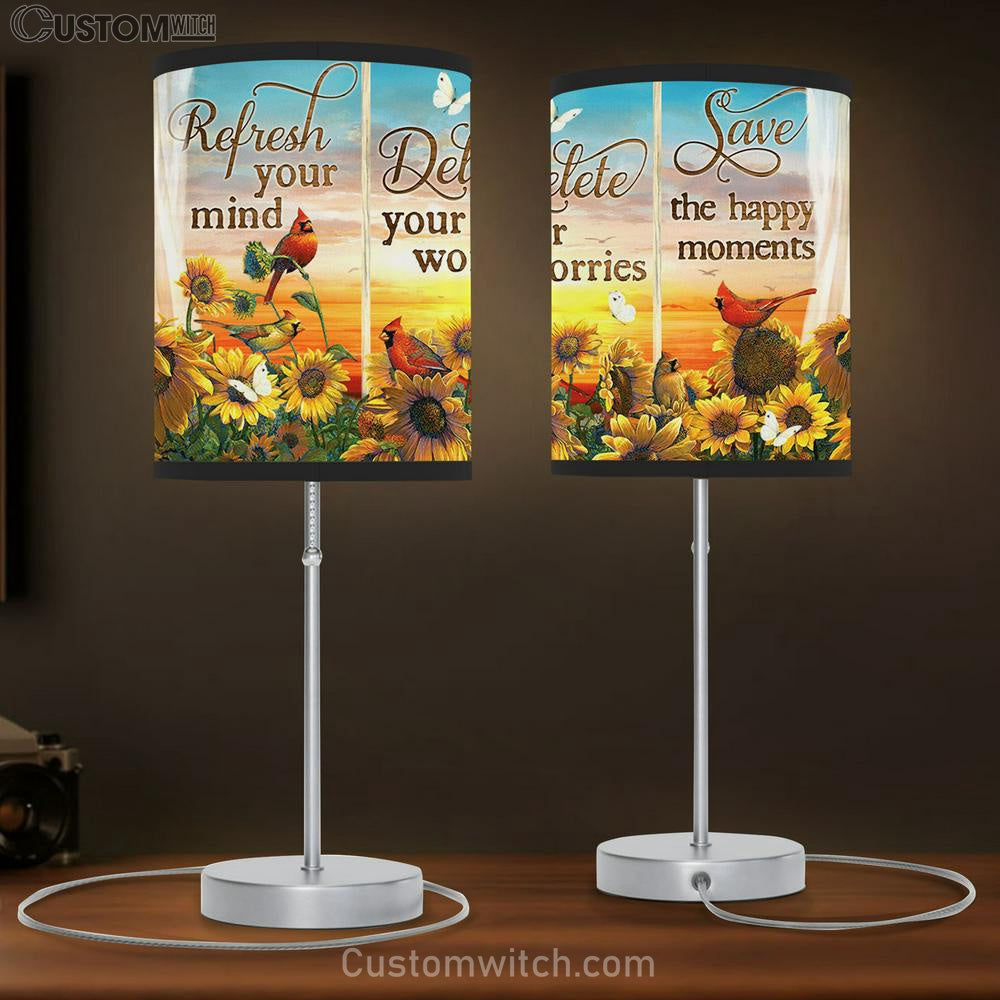 Refresh Your Mind Delete Your Worries Save The Happy Moments Sunflower Cardinal Large Table Lamb - Christian Table Lamb Prints - Religious Table Lamb Art